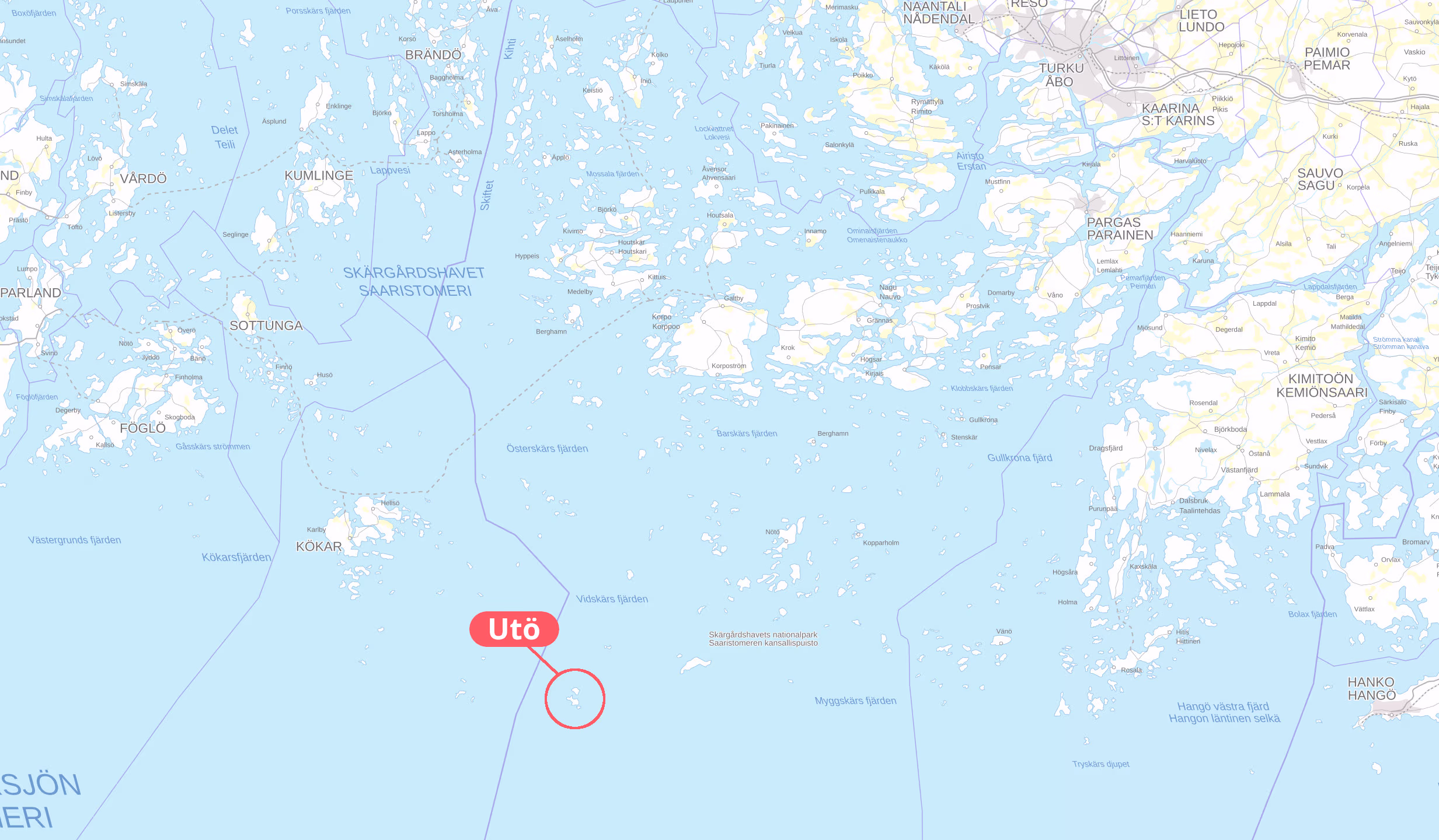 Kartta över Åbo skärgård med Utö markerat.